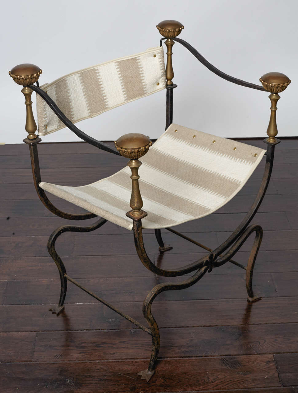 Brass Vintage Savonarola Style Italian Iron and Linen Chair